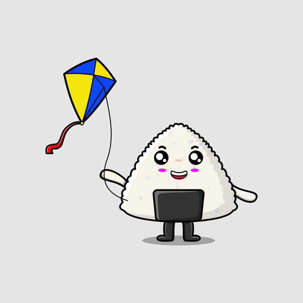 Cute cartoon sushi character playing kite flaying vector