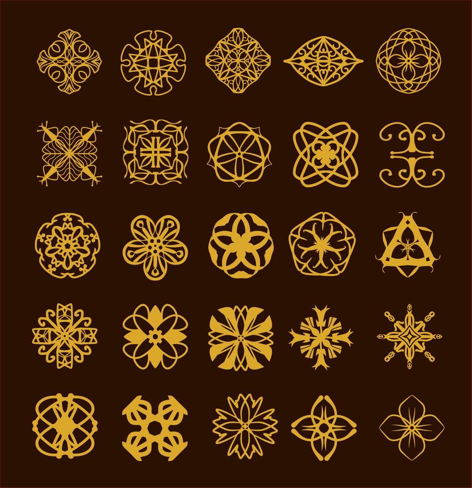 Golden flowers ornament set. Vector pictogram. Arabesque ornaments design. Line art vector.