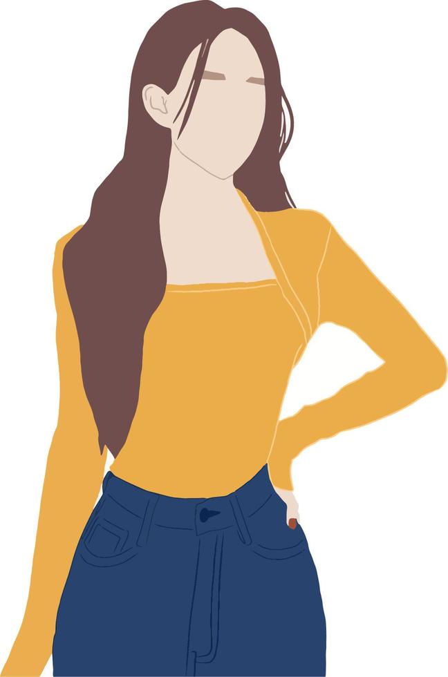 Faceless long hair girl in yellow sweater and blue jeans, female avatar in modern character. vector