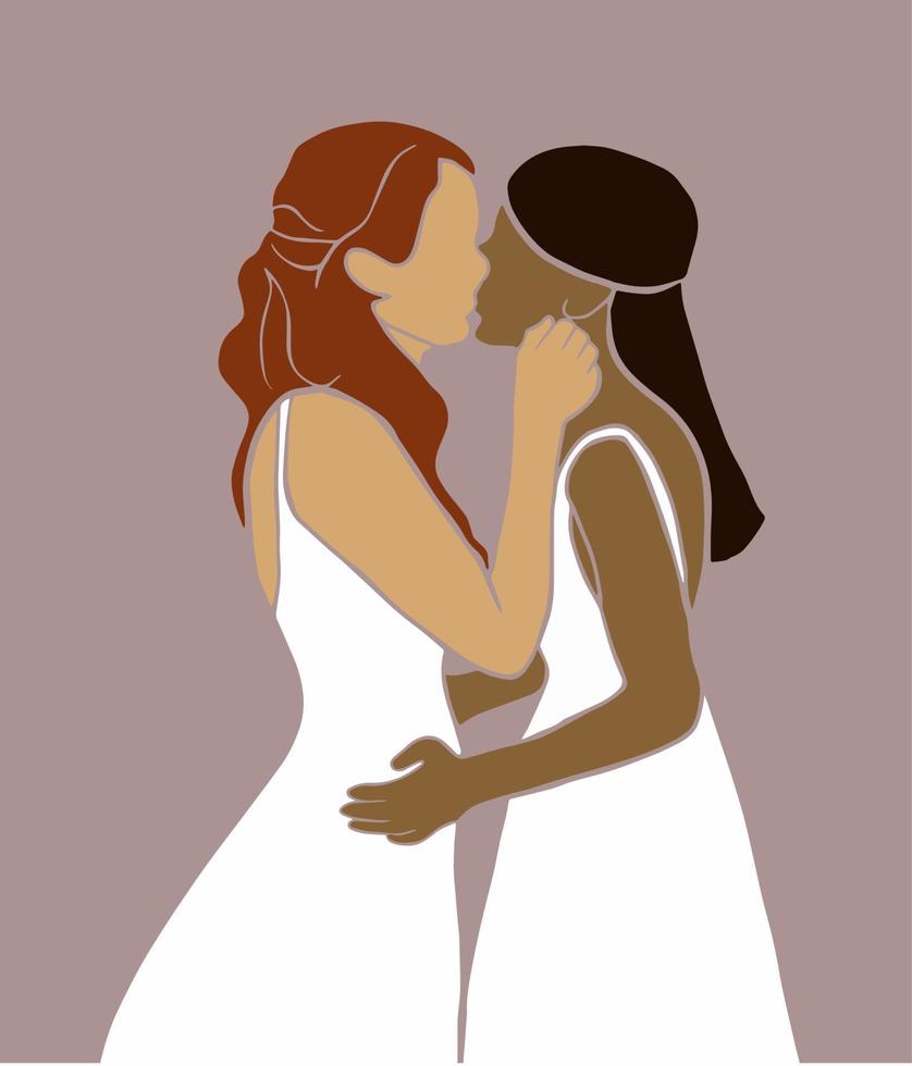 LGBTQ Bride, homosexual characters, Romantic relationships. Celebrating love. Women couple kissing, Hug, proposal, lesbian valentines day, Wedding Card invitation. Romantic vector, Girl kissing Girl. vector