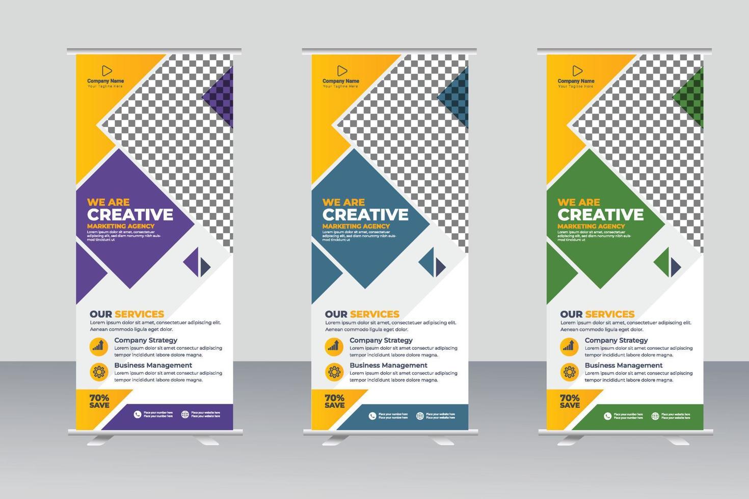 Business Roll Up Banner. corporate Roll up background for Presentation. Vertical roll up, x-stand, exhibition display, Retractable banner stand vector