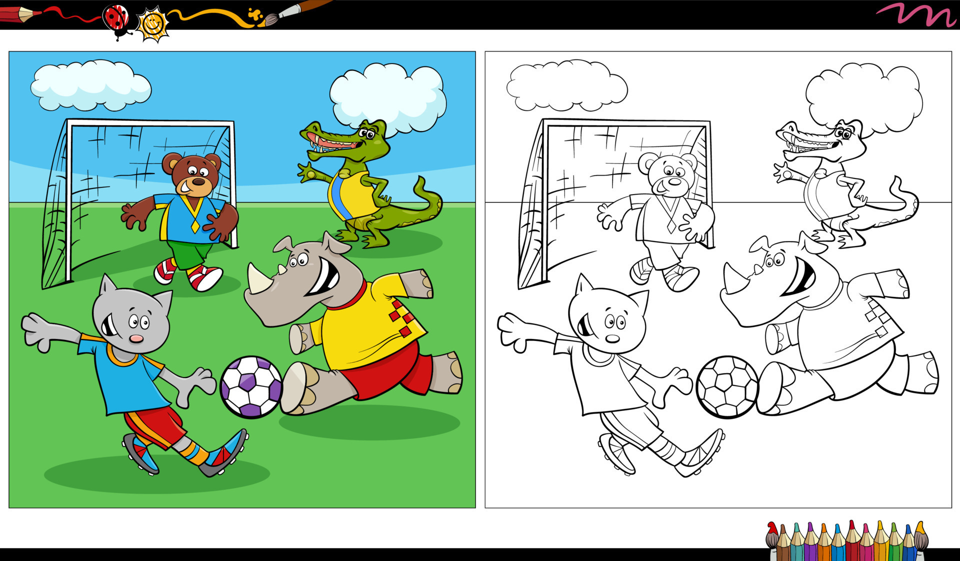 comic animals group playing soccer coloring page 11796237 Vector Art at