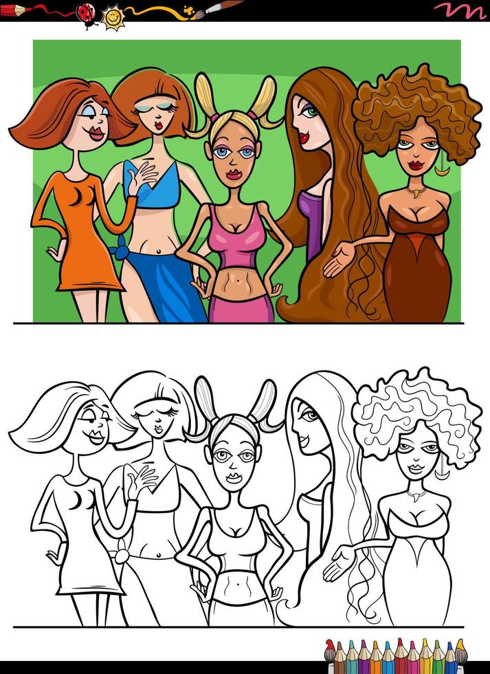 Página para colorear de grupo de chicas guapas cómicas o mujeres jóvenes vector