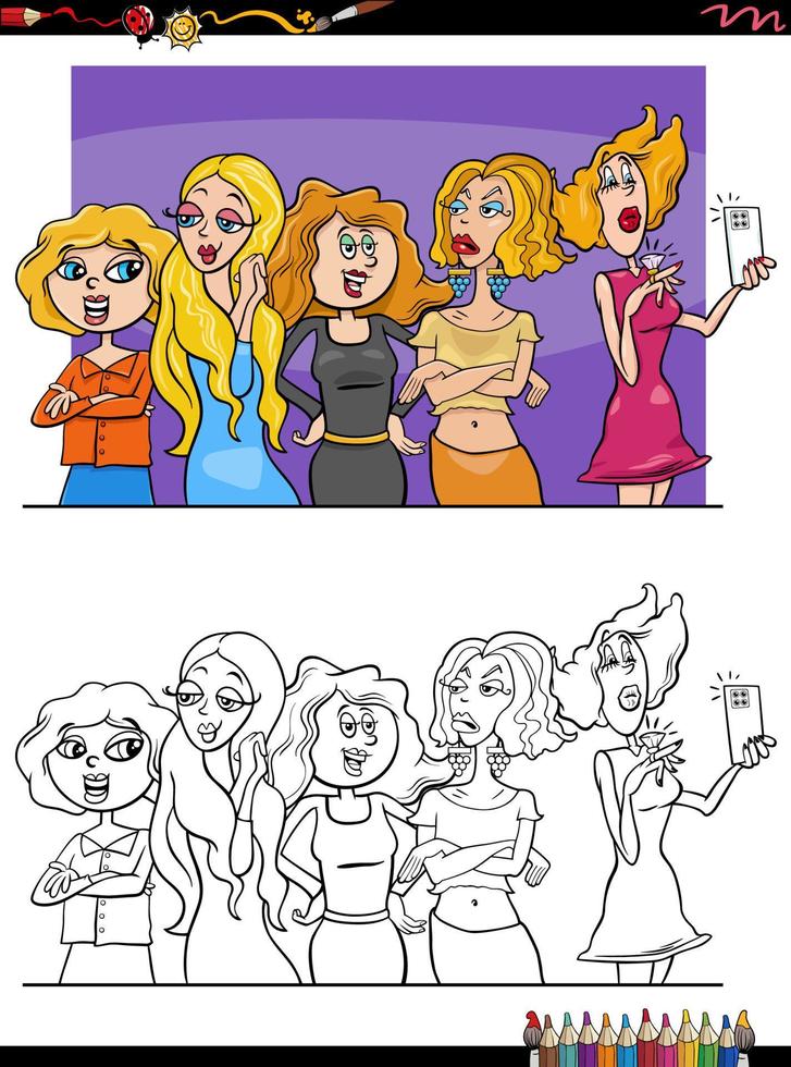 comic beautiful girls or women group coloring page vector