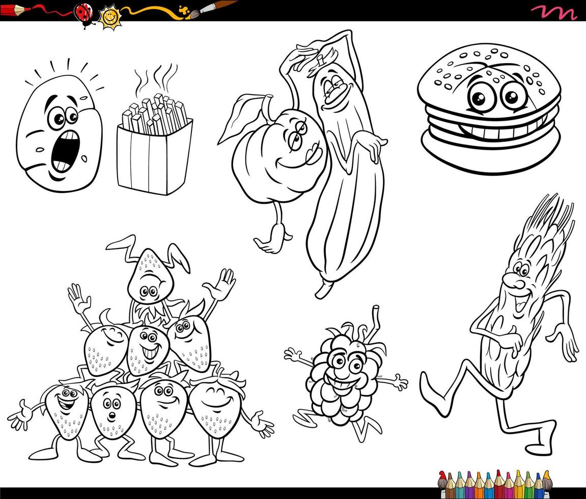 cartoon food objects characters set coloring page vector