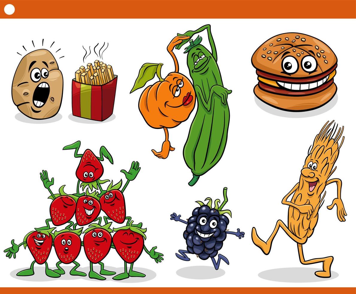 cartoon food objects characters set vector