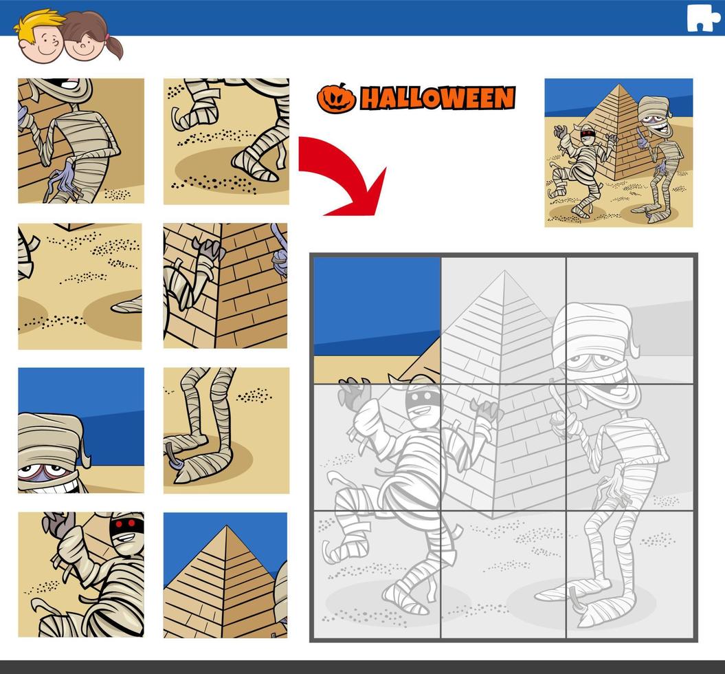 jigsaw puzzle task with cartoon mummies on Halloween vector