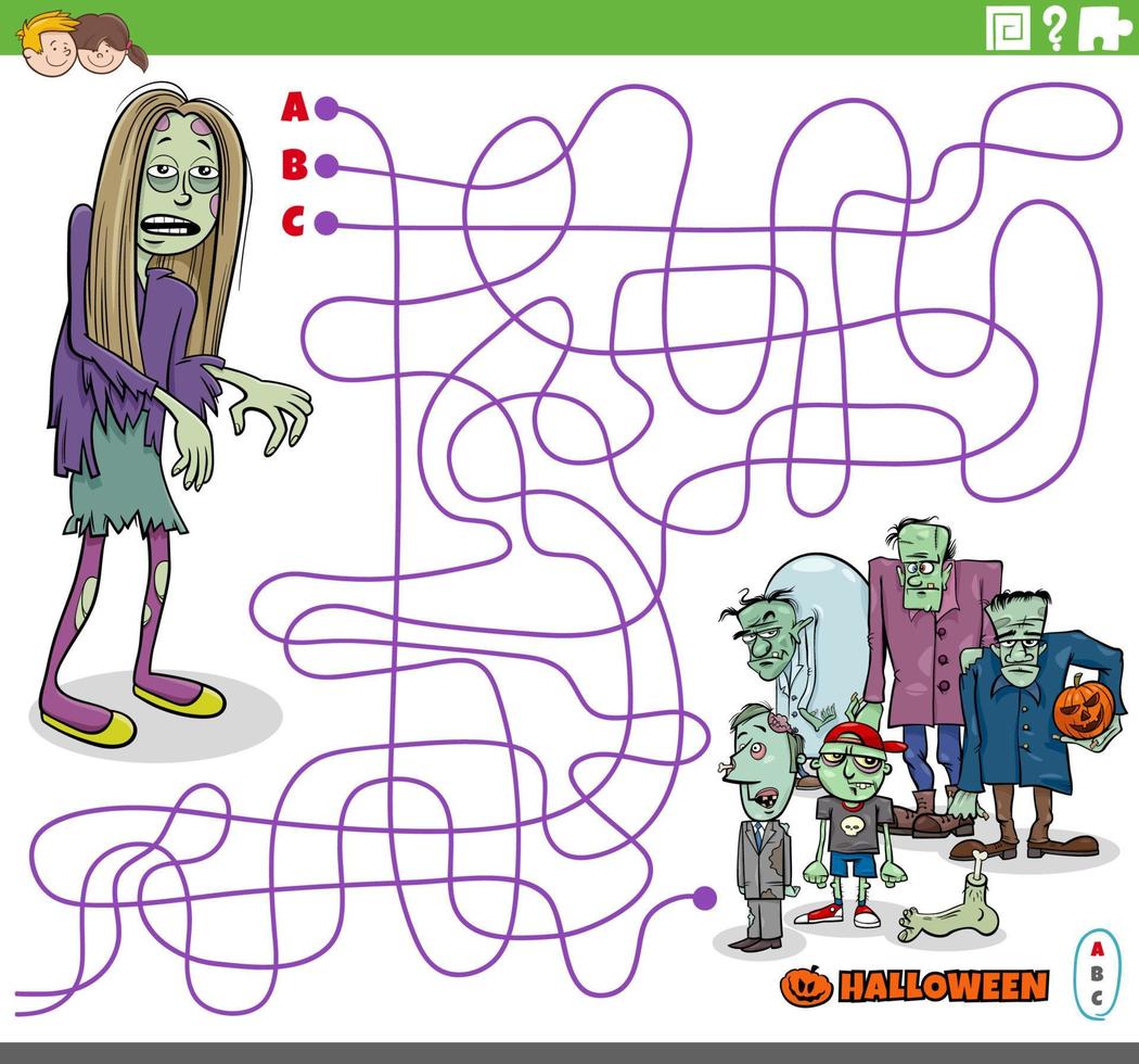 maze puzzle with cartoon zombies on Halloween time vector