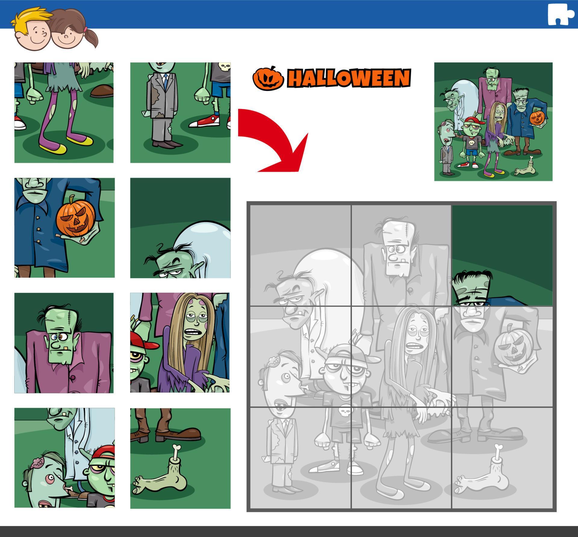 jigsaw puzzle task with cartoon zombies on Halloween 11796282 Vector