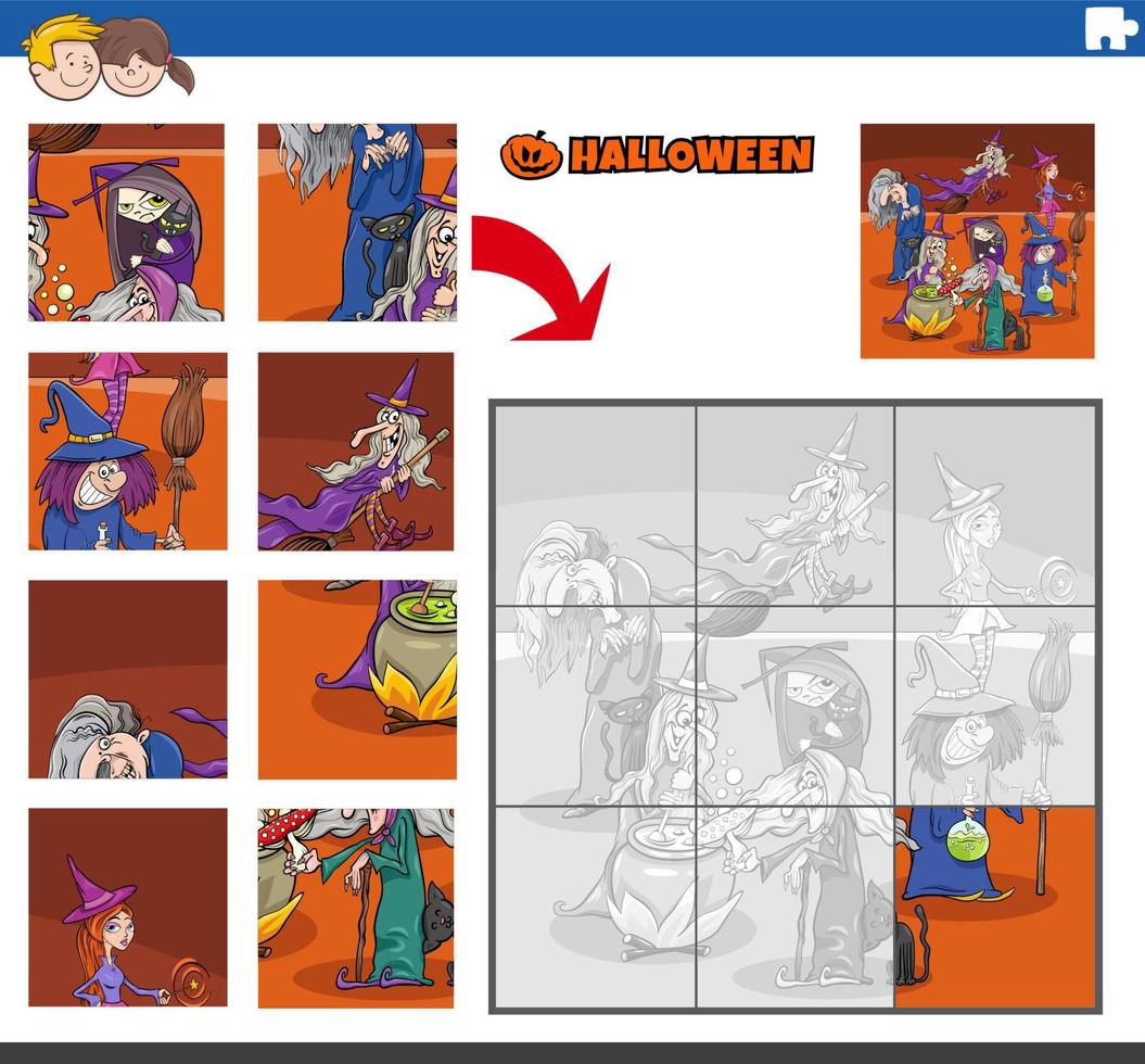 jigsaw puzzle task with cartoon witches on Halloween vector