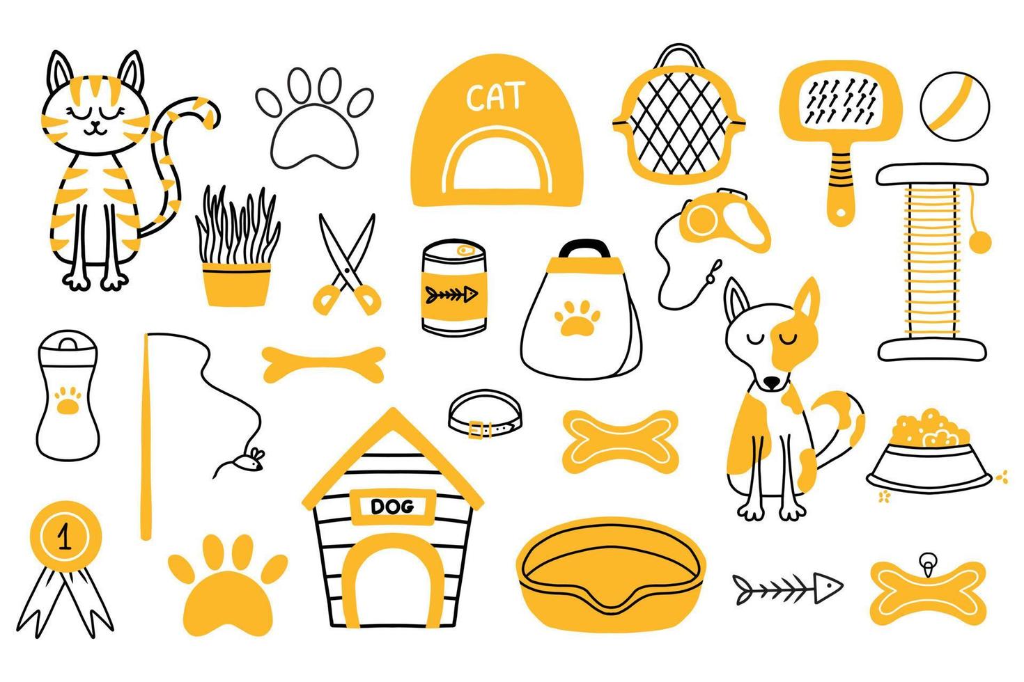 Vector set for pet shop. Collection for pets in doodle style. Accessories for pets. Food, scratching post, paw, dog, cat.