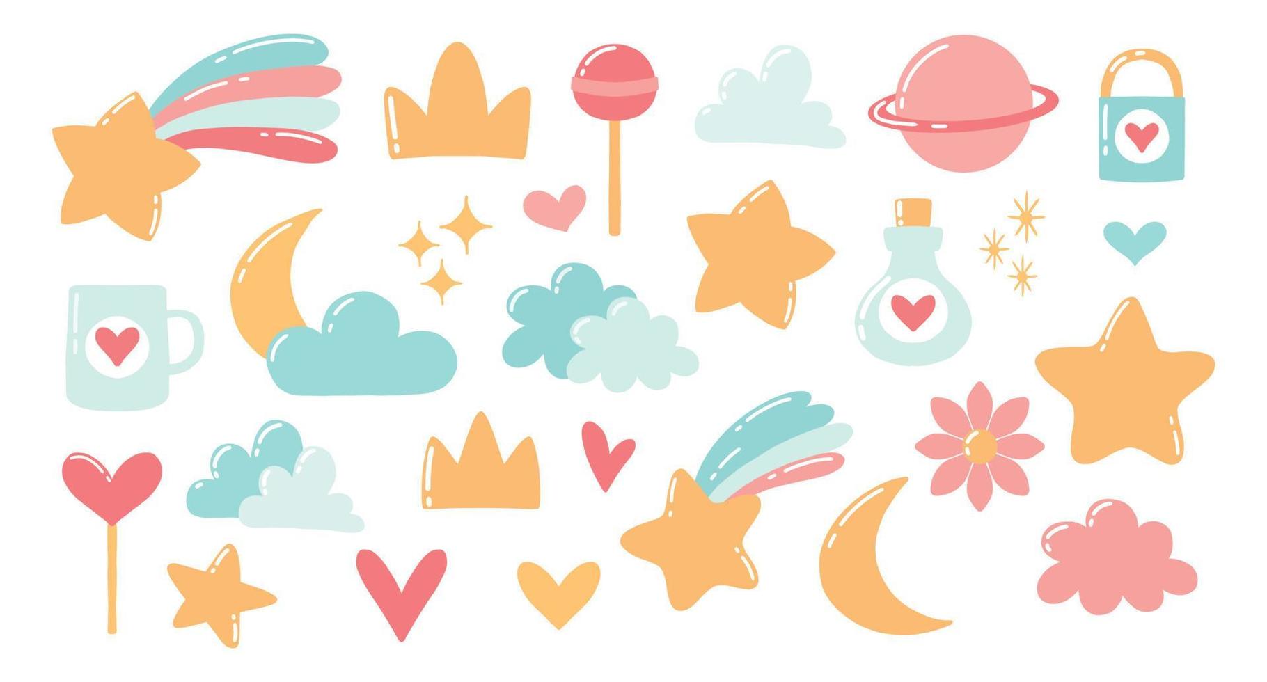 Cute set of elements. Elements for design. Heart, stars, clouds, lollipops, moon, planet, shooting star. Cartoon style. Vector illustration.