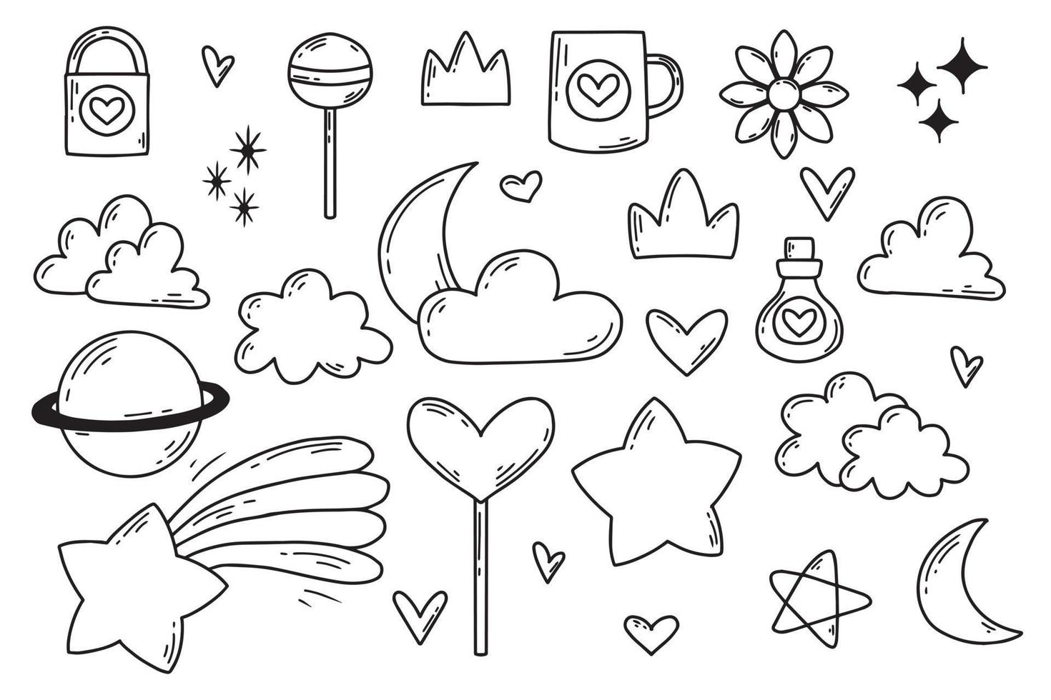 Cute set of elements. Elements for design. Heart, stars, clouds, lollipops, moon, planet, shooting star. Doodle style. Vector illustration.