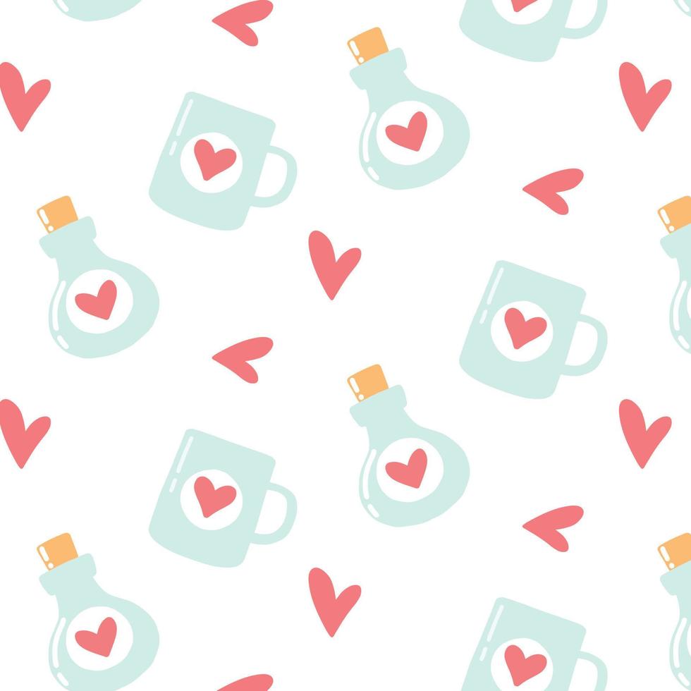 Seamless pattern with hearts and potion flask. Cartoon style. Romantic pattern.Vector illustration. vector