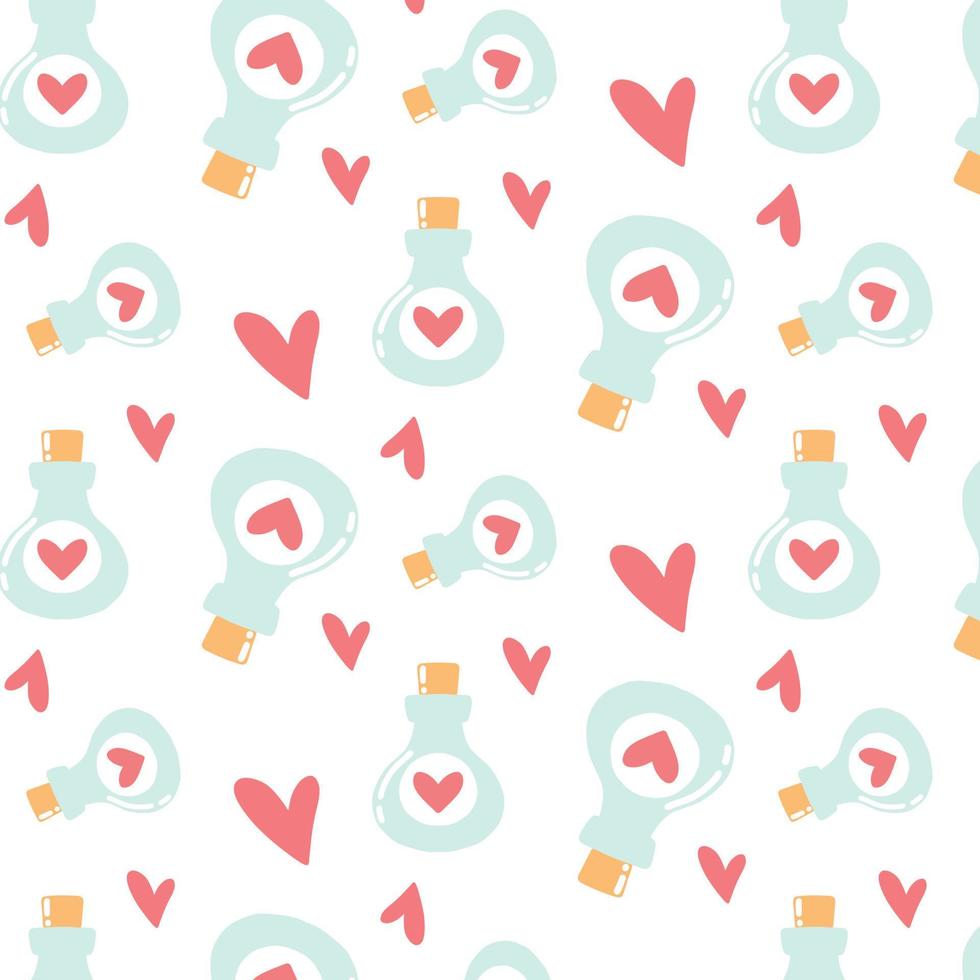 Seamless pattern with hearts and potion flask. Cartoon style. Romantic pattern.Vector illustration. vector