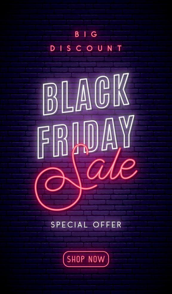 Black Friday signboard. Red and white glowing neon promotion clearance in vertical format. vector