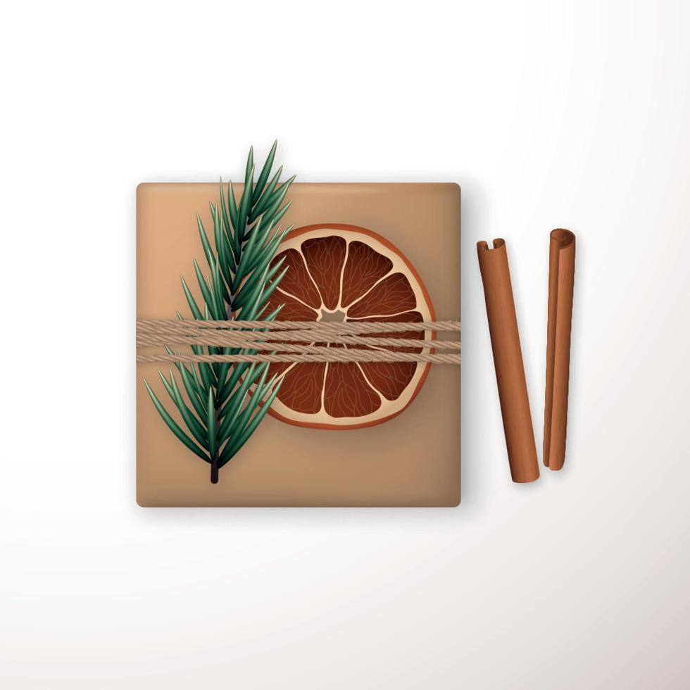 Realistic flat lay composition with craft gift box, fir branches, cinnamon and orange slice. vector