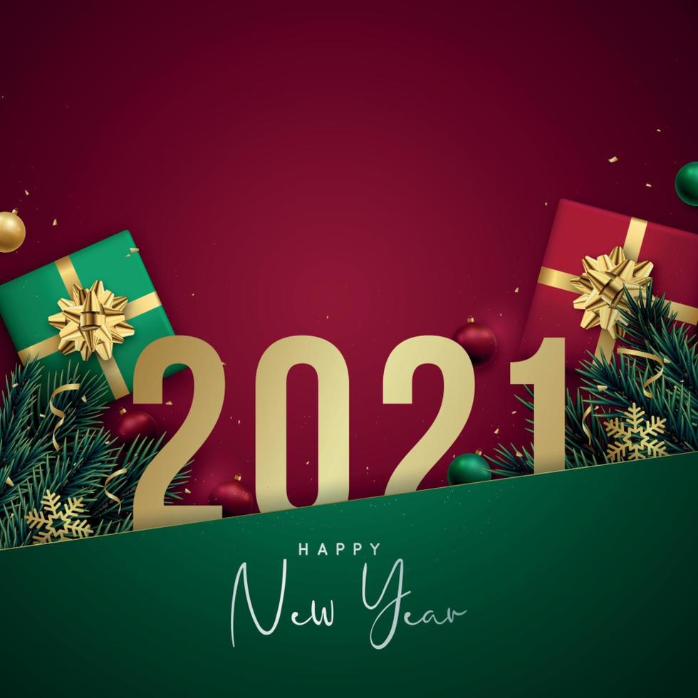 2021 Happy New Year banner with golden numbers, gift boxes, fir tree branches, golden snowflakes and confetti. vector