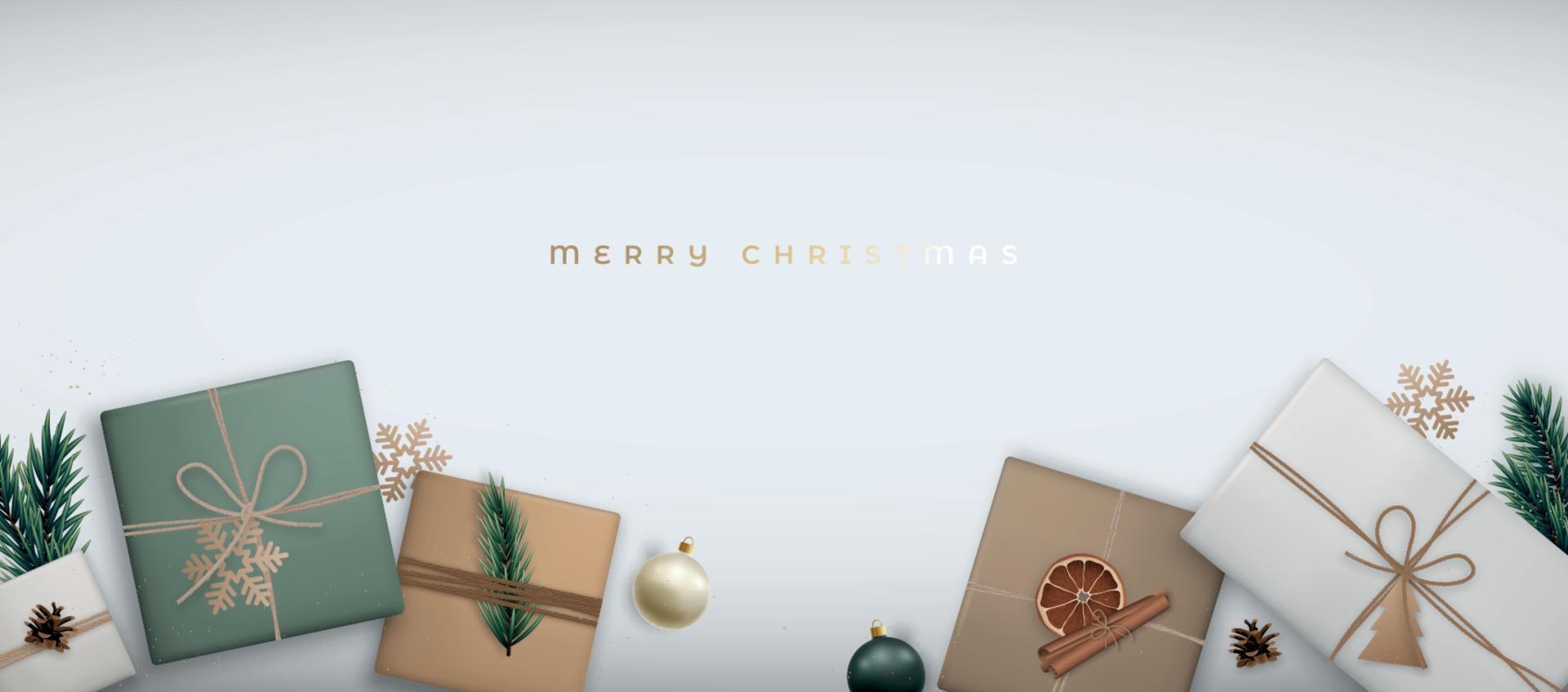 banner horizontal de feliz navidad con cajas de regalo. vector