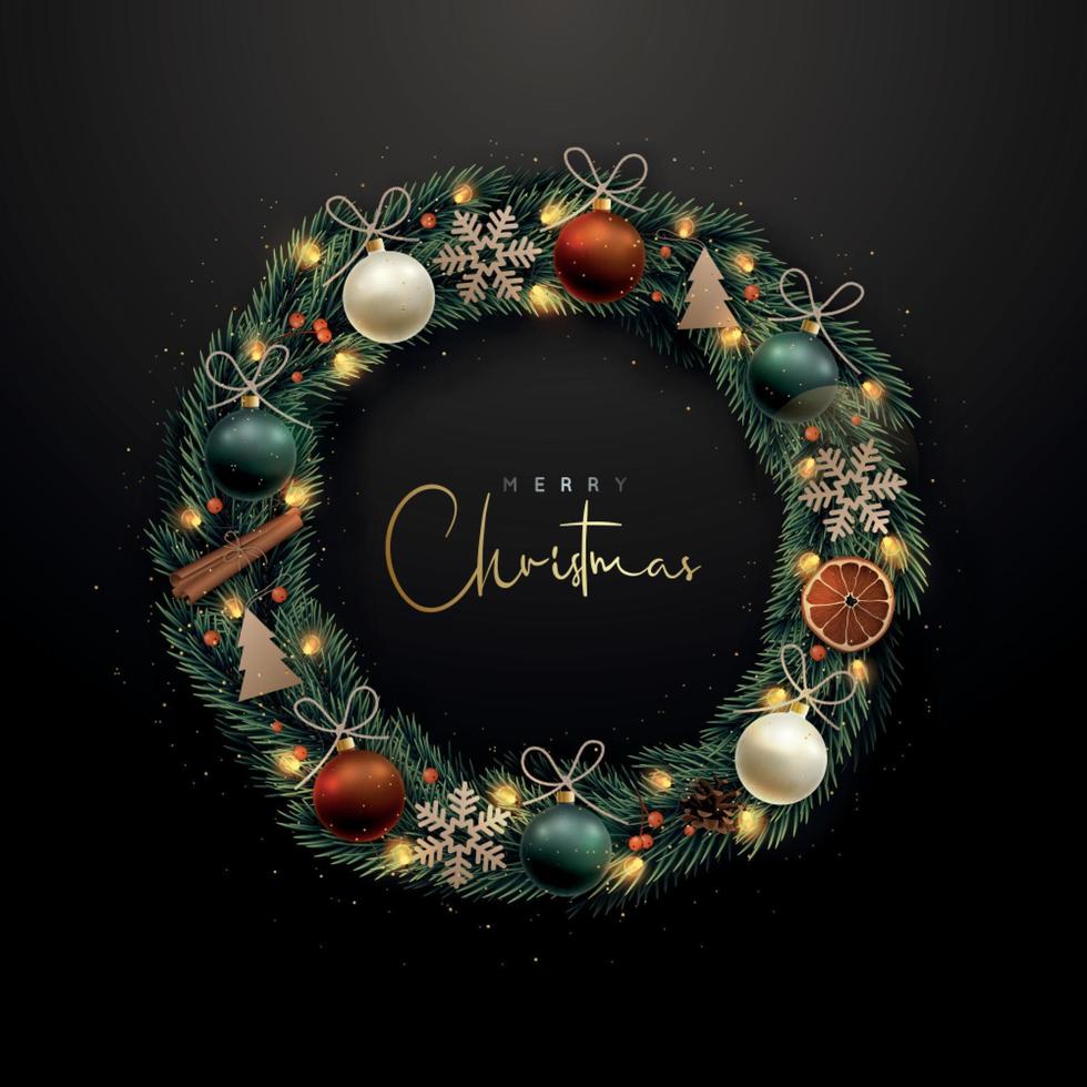 Decorative Christmas wreath with fir tree branches, golden snowflakes, shiny baubles, berries and glowing garland on dark background. vector