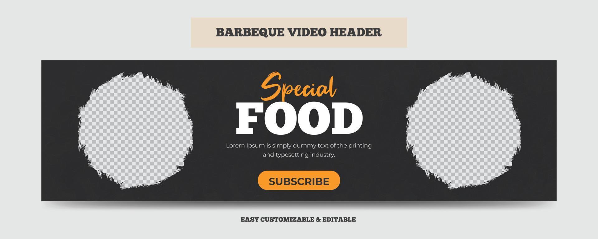 Barbeque video cover header template. Delicious grill bbq food video web banner vector