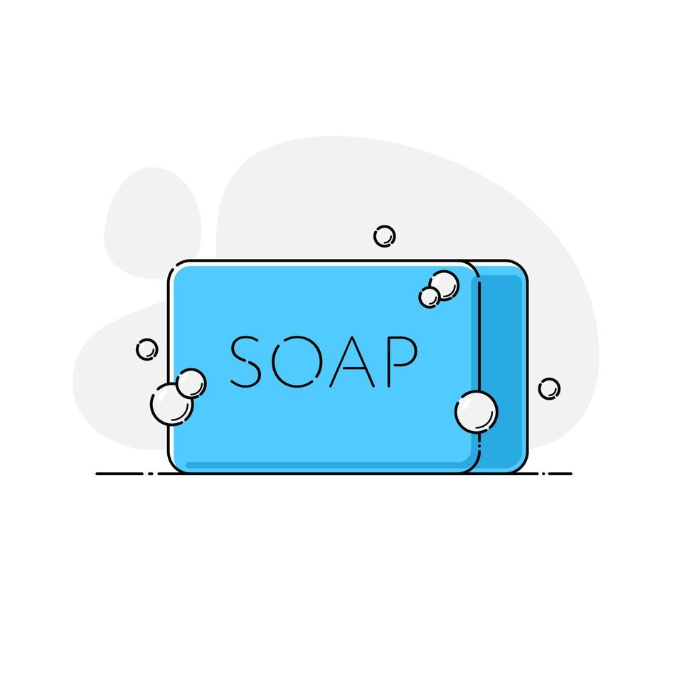 Bar of blue antibacterial solid soap in rectangular shape with bubbles. Isolated vector illustration personal care product for hand washing in flat style with outline on background abstract shapes