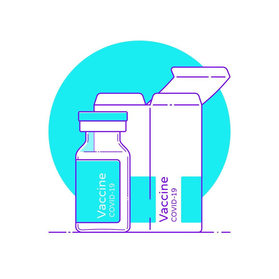Isolated vector illustration of covid vaccine vial in flat style with outline. Glass ampoule template with box for medical design, logo. Injection bottle linear icon