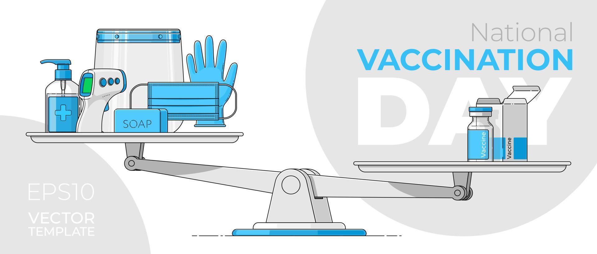 Banner with inscription NATIONAL VACCINATION DAY. Vector illustration with covid vaccine bottle on scales in flat style with an outline. Personal protective equipment template for medical infographic