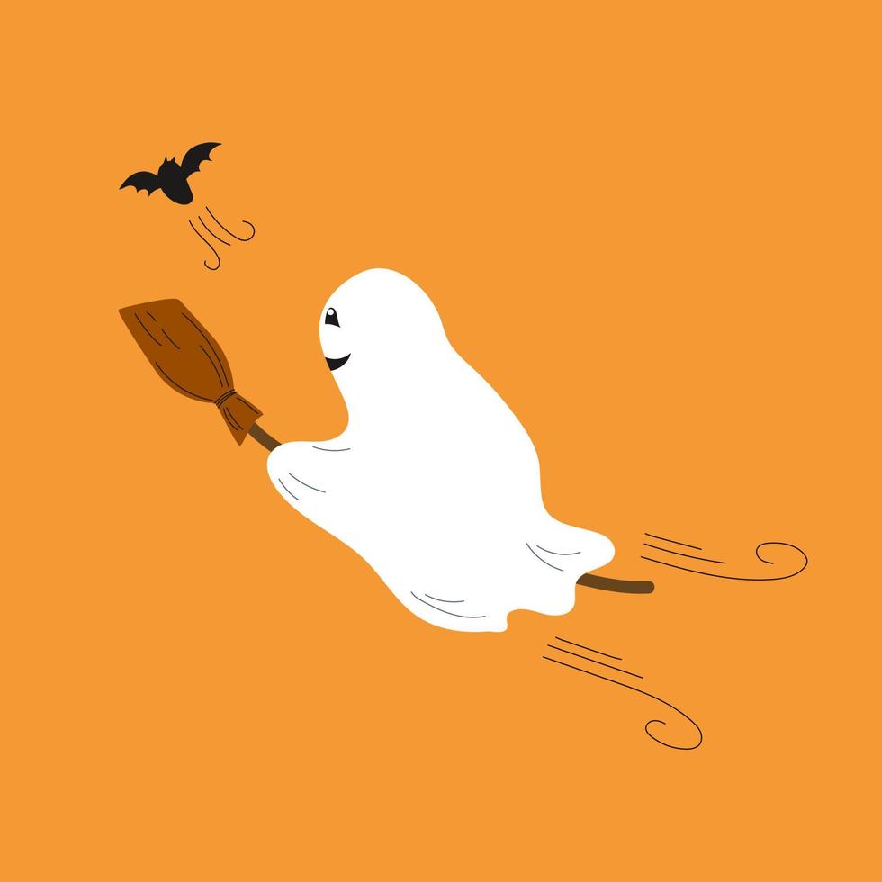 A cheerful cartoon ghost flying on a broom behind a bat on orange background for halloween. Flat vector illustration.