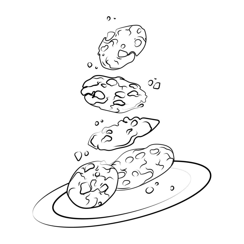 galletas con patatas fritas de chocolate que caen en una línea de plato dibujo vectorial ilustración aislada.postre tradicional mordido, roto, migas de galleta,boceto blanco negro dibujado a mano vector