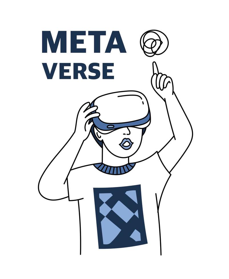 A teenage boy wearing virtual reality glasses . The metaverse concept. Technologies of games in virtual reality. Vector illustration