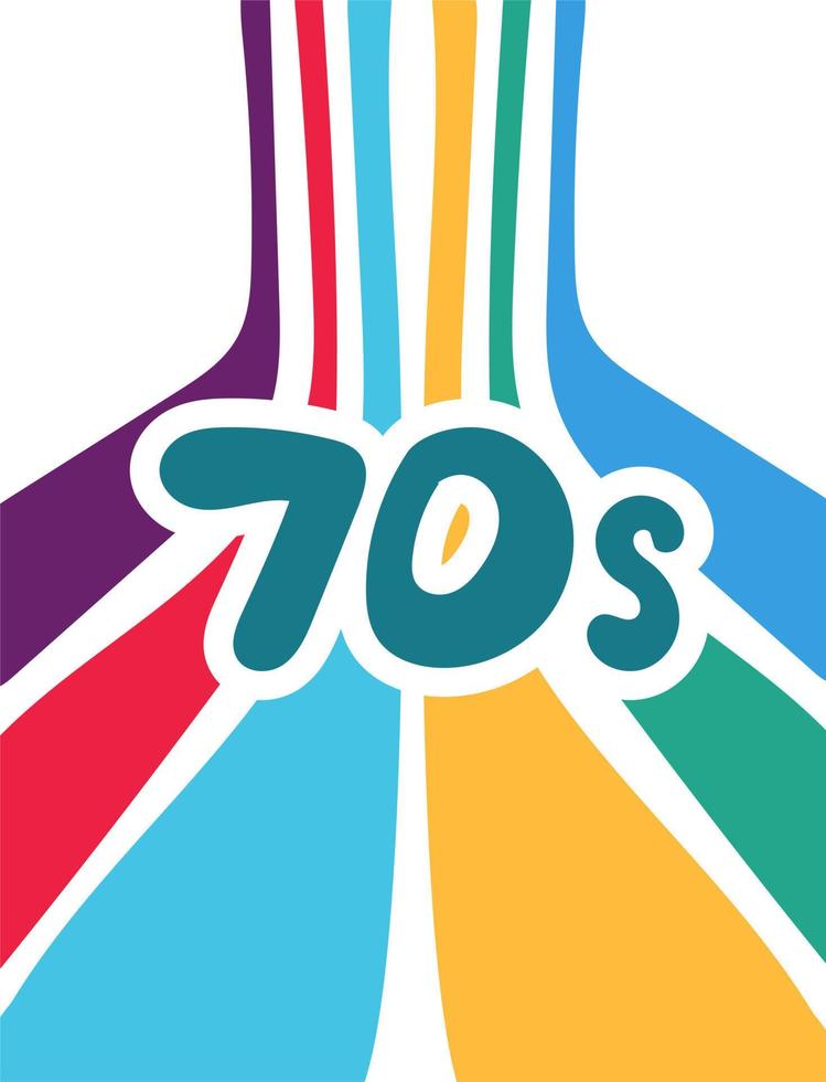 Letras de los años 70 con arco iris en estilo retro de los años 70. inscripción multicolor de buenas vibraciones. ilustración vectorial vector