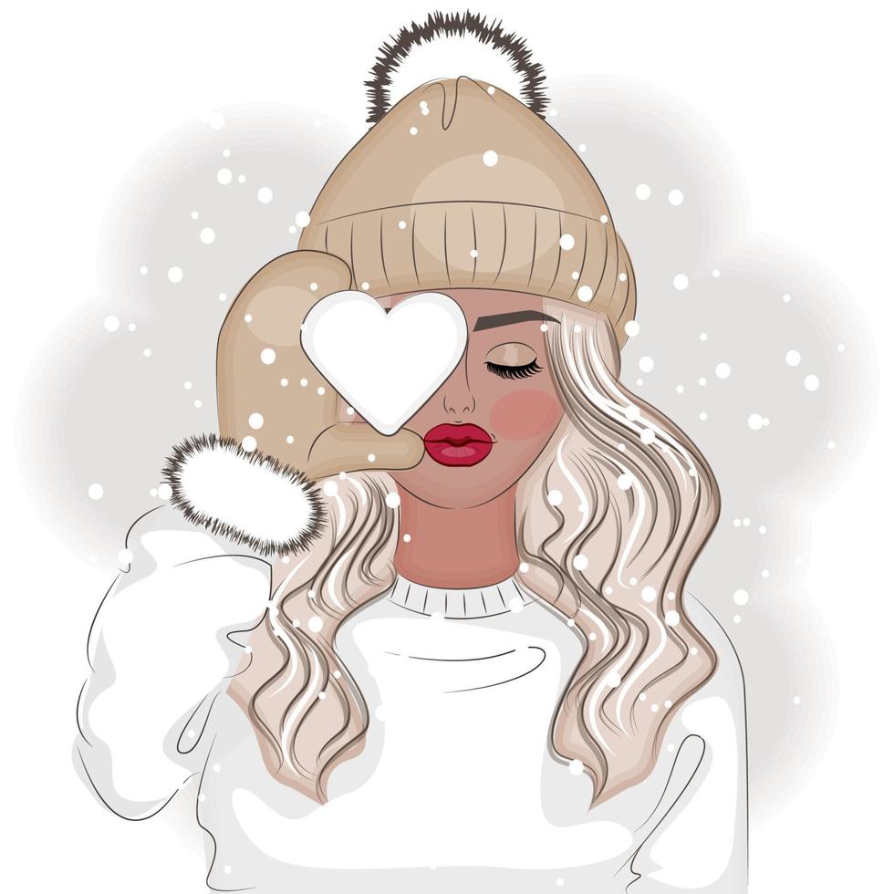 Winter girl holding a snowball, fashion vector illustration