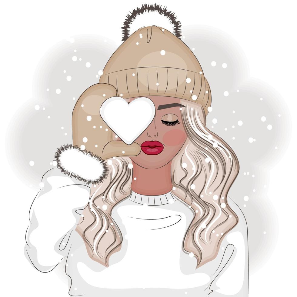 chica de invierno sosteniendo una bola de nieve, ilustración vectorial de moda vector