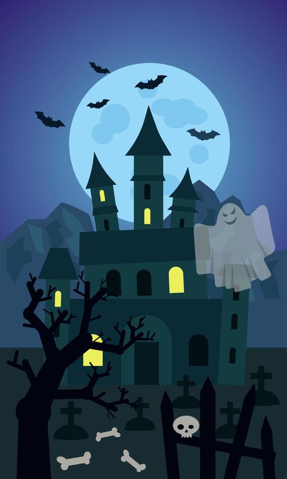 Víspera de Todos los Santos. un castillo embrujado. noche. miedo. ilustración vectorial de dibujos animados. vector