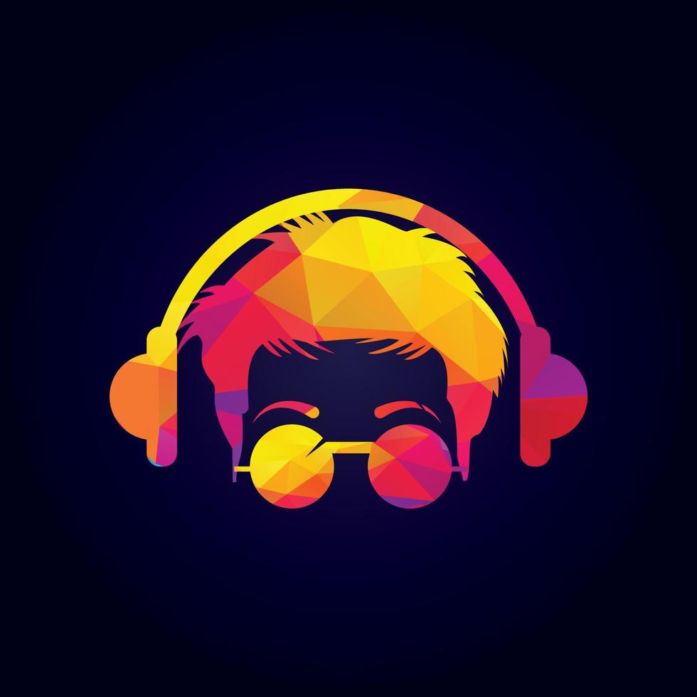 Stylish boy put headphone and colorful glasses for logo design. Dj vector illustration design.