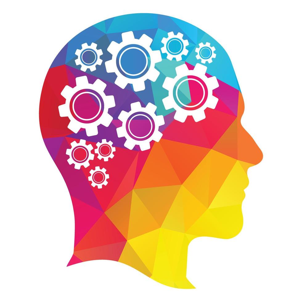 diseño de icono de logotipo de cabeza humana de tecnología. forma de cerebro de cabeza humana digital con genio de innovación de concepto de idea de engranajes. vector