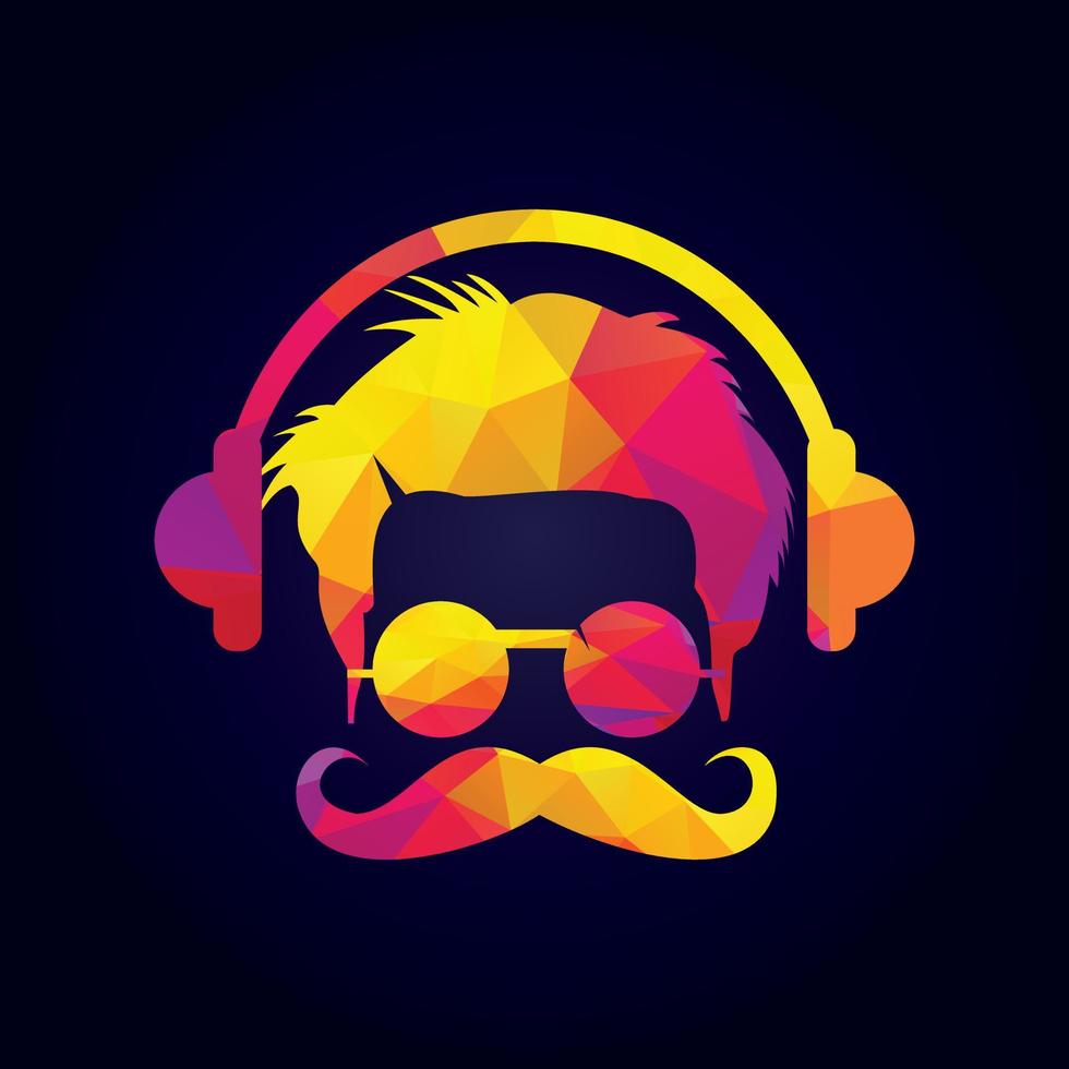 Hipster Men Face with Mustache and Headphone, Retro Music Poster Illustration. vector