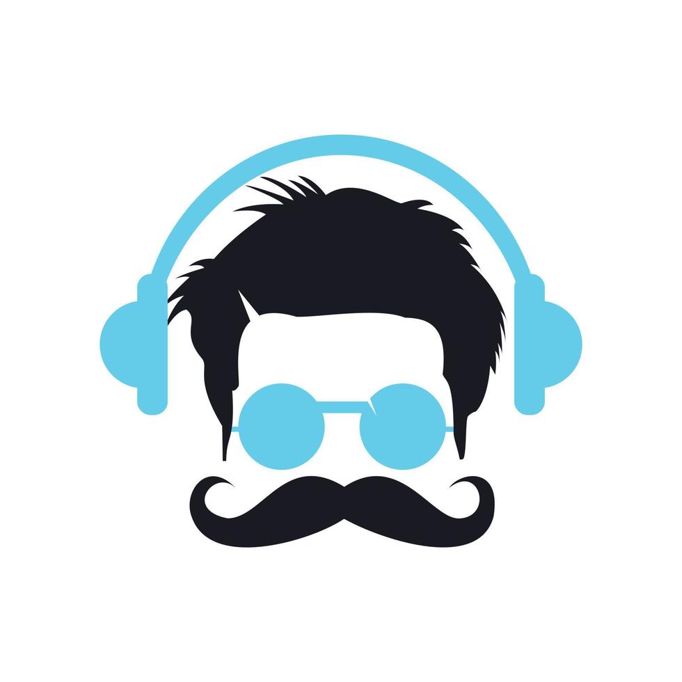 los hombres hipster se enfrentan con bigote y auriculares, ilustración de afiches de música retro. vector