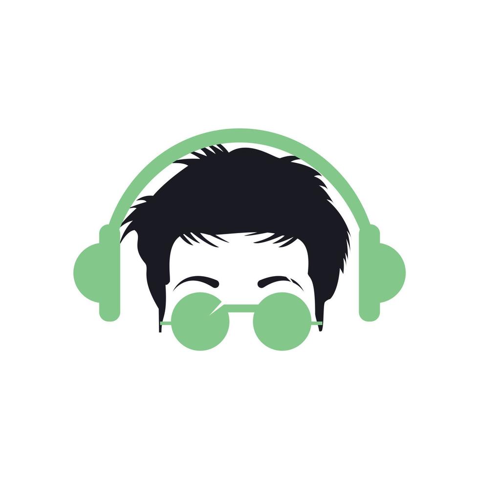 chico elegante puso auriculares y gafas de colores para el diseño del logotipo. diseño de ilustración vectorial de DJ. vector