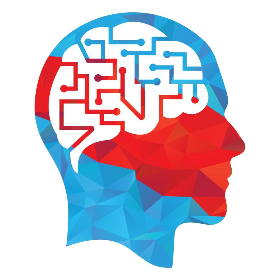 Human brain as digital circuit board. Artificial intelligence icon. Techno human head logo concept creative idea. vector
