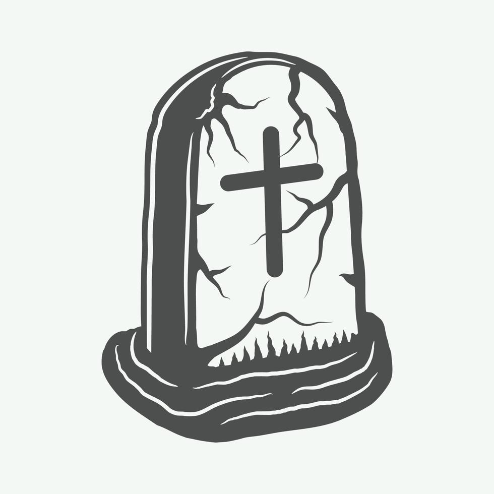 Vintage halloween grave in retro style. Monochrome Graphic Art. Vector Illustration.