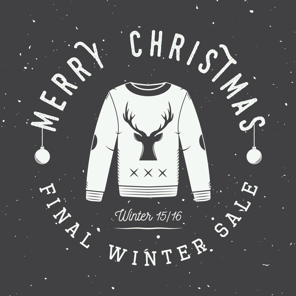 Vintage Merry Christmas or winter sales logo, emblem, badge, label and watermark in retro style with sweater, deer, trees, stars, decor and design elements. Vector illustration
