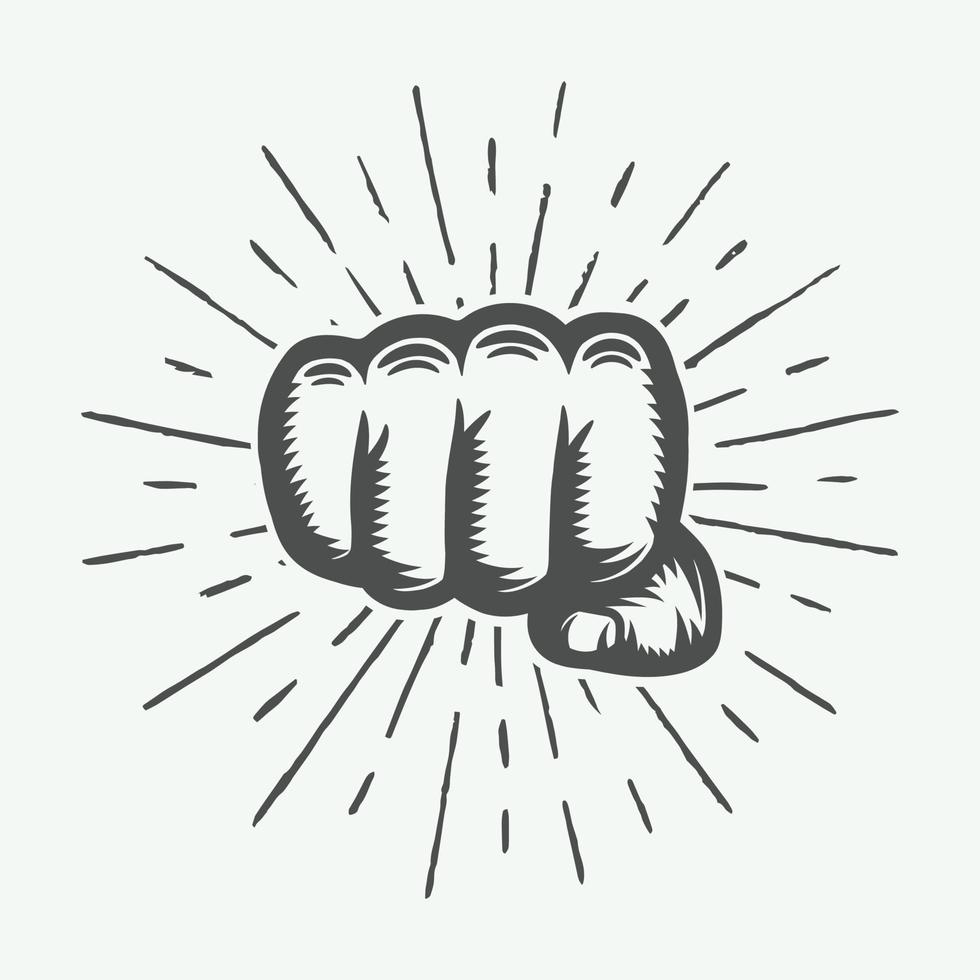 Retro fist in vintage style with sunburst. Graphic art. Vector illustration.