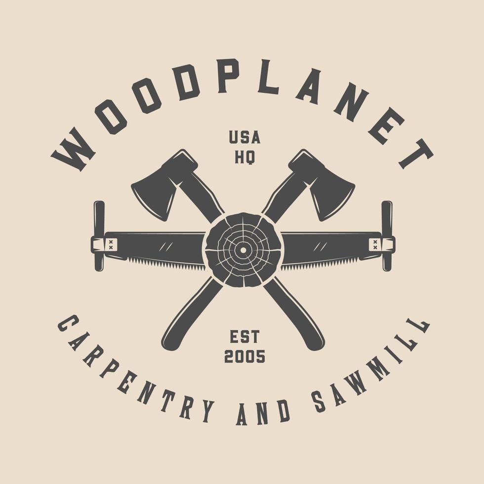 Vintage carpentry, woodwork and mechanic label, badge, emblem and logo. Vector illustration. Monochrome Graphic Art.