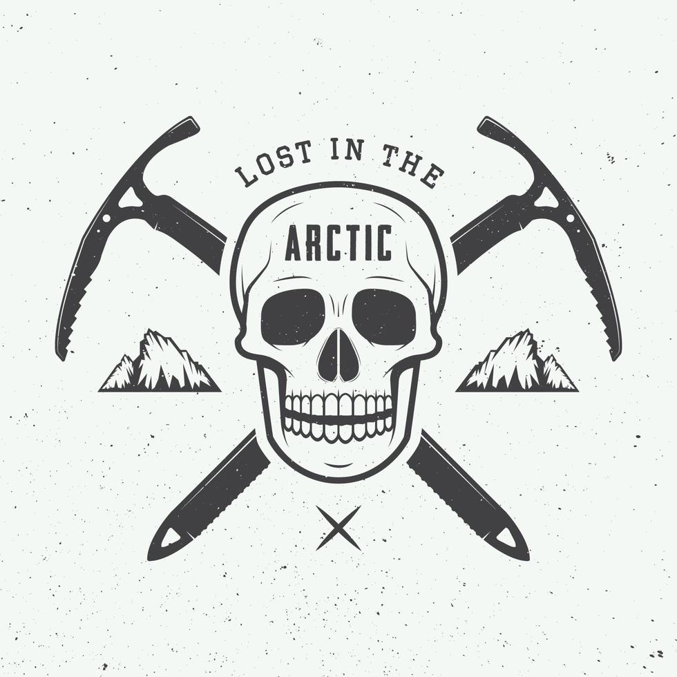 Vintage arctic skull with ice axes, mountains and slogan. Vector illustration