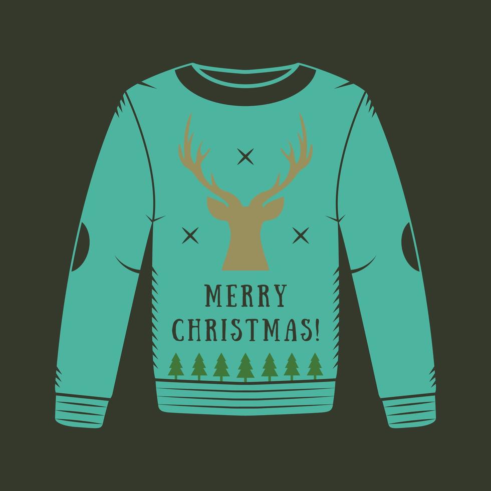 Vintage Christmas sweater with deer, trees and stars. Vector illustration