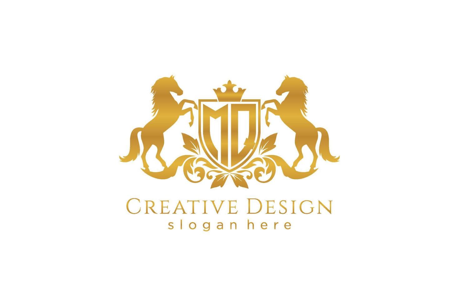 initial MQ Retro golden crest with shield and two horses, badge template with scrolls and royal crown - perfect for luxurious branding projects vector