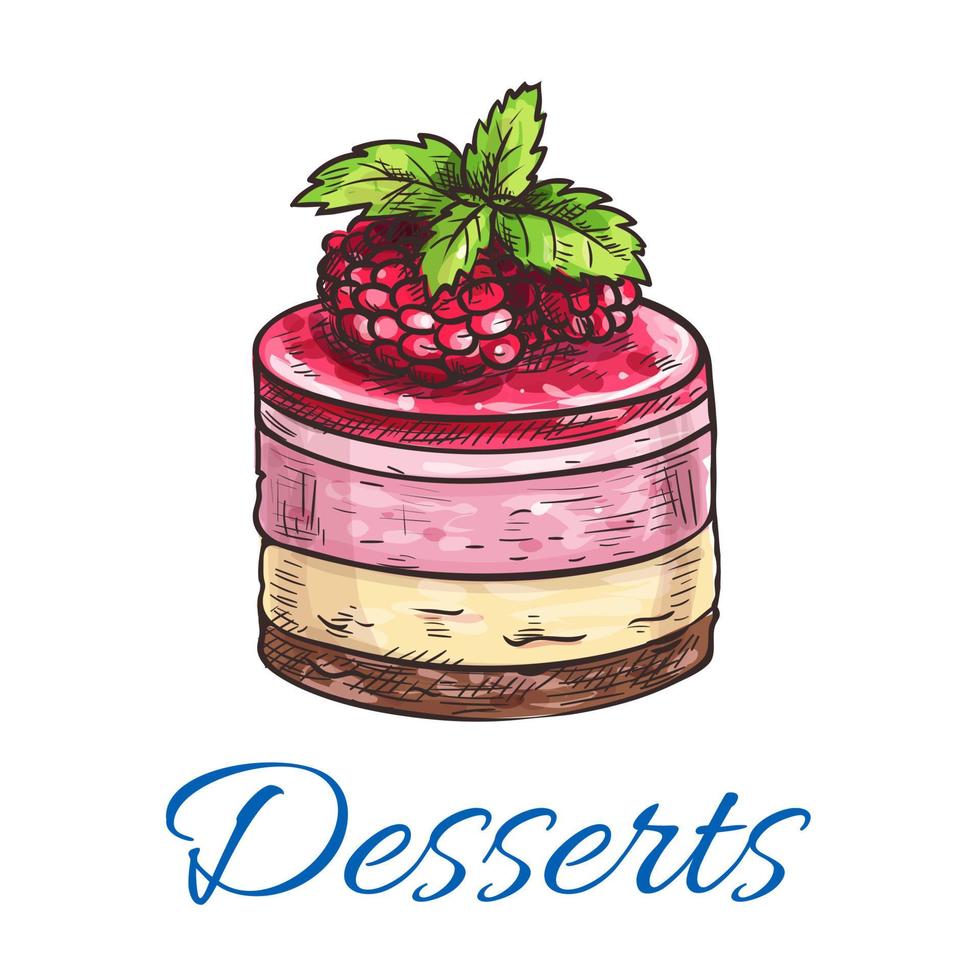 postre de frutas o pastel de bayas con boceto de frambuesa vector