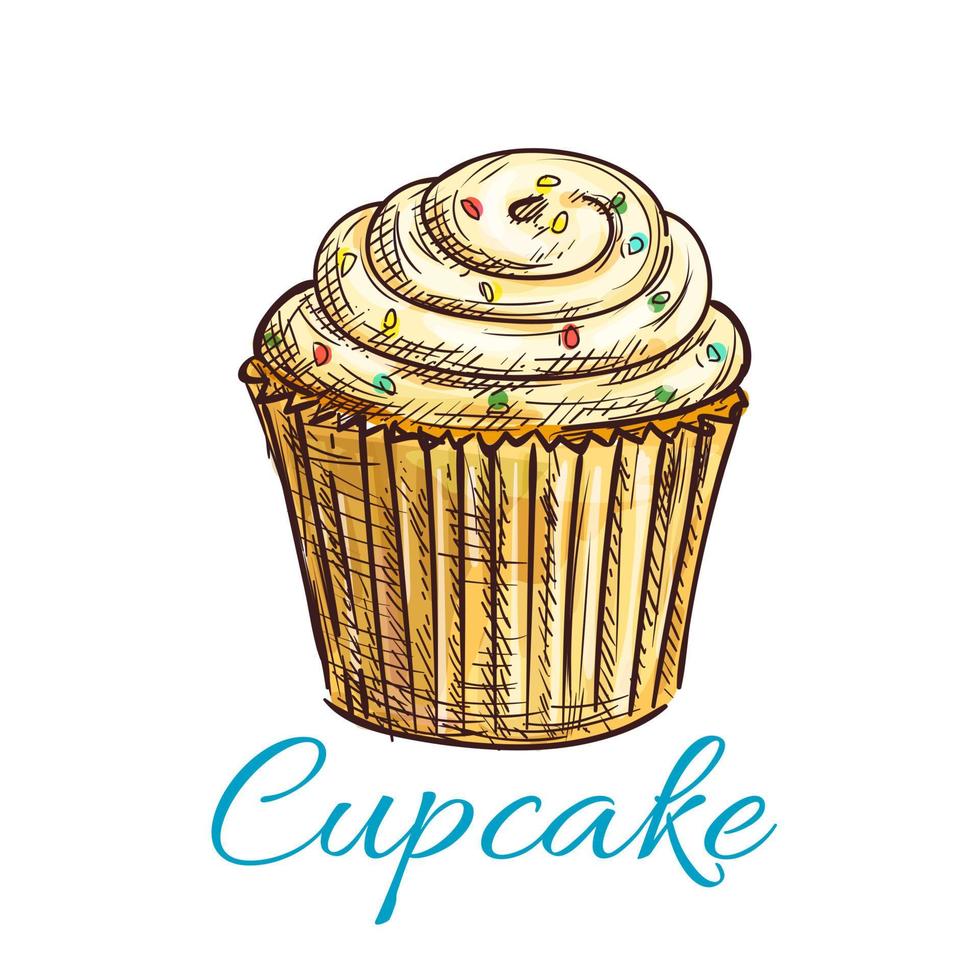 Cupcake isolated sketch with cream and sprinkles vector